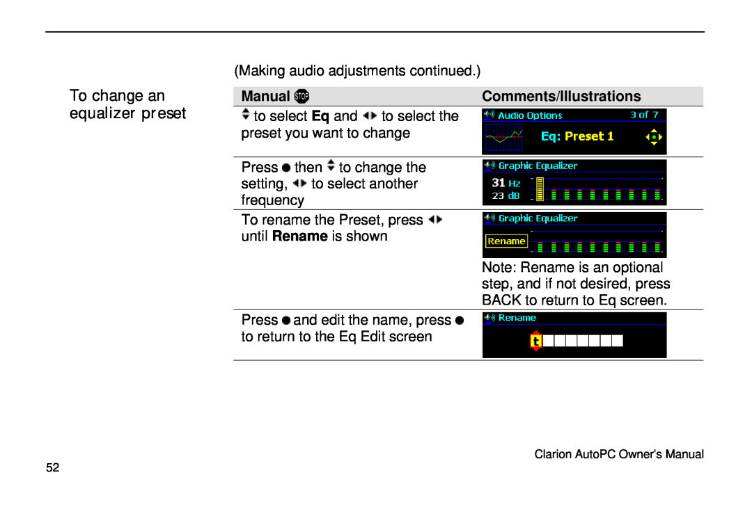 Clarion 310C owner manual To change an equalizer preset, Manual ! Comments/Illustrations 
