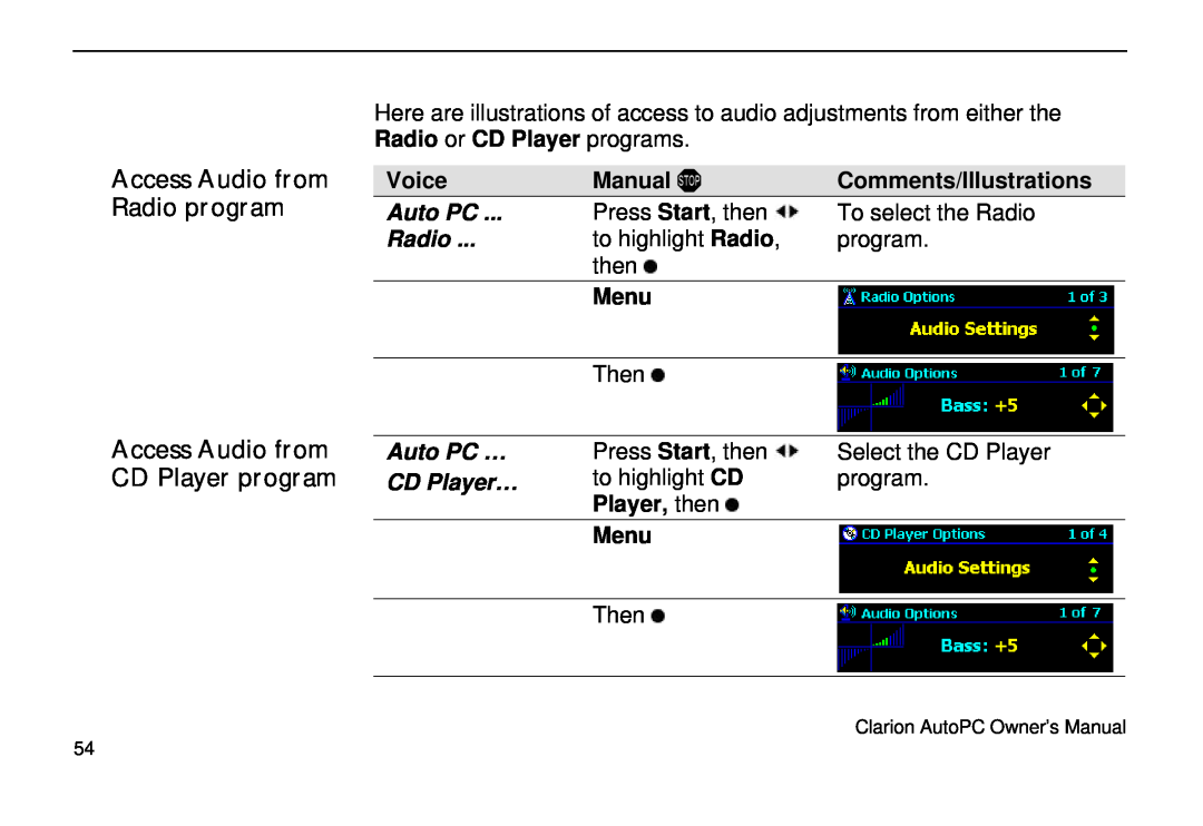 Clarion 310C Access Audio from CD Player program, Access Audio from Radio program, Menu, Player, then, Voice, Manual 