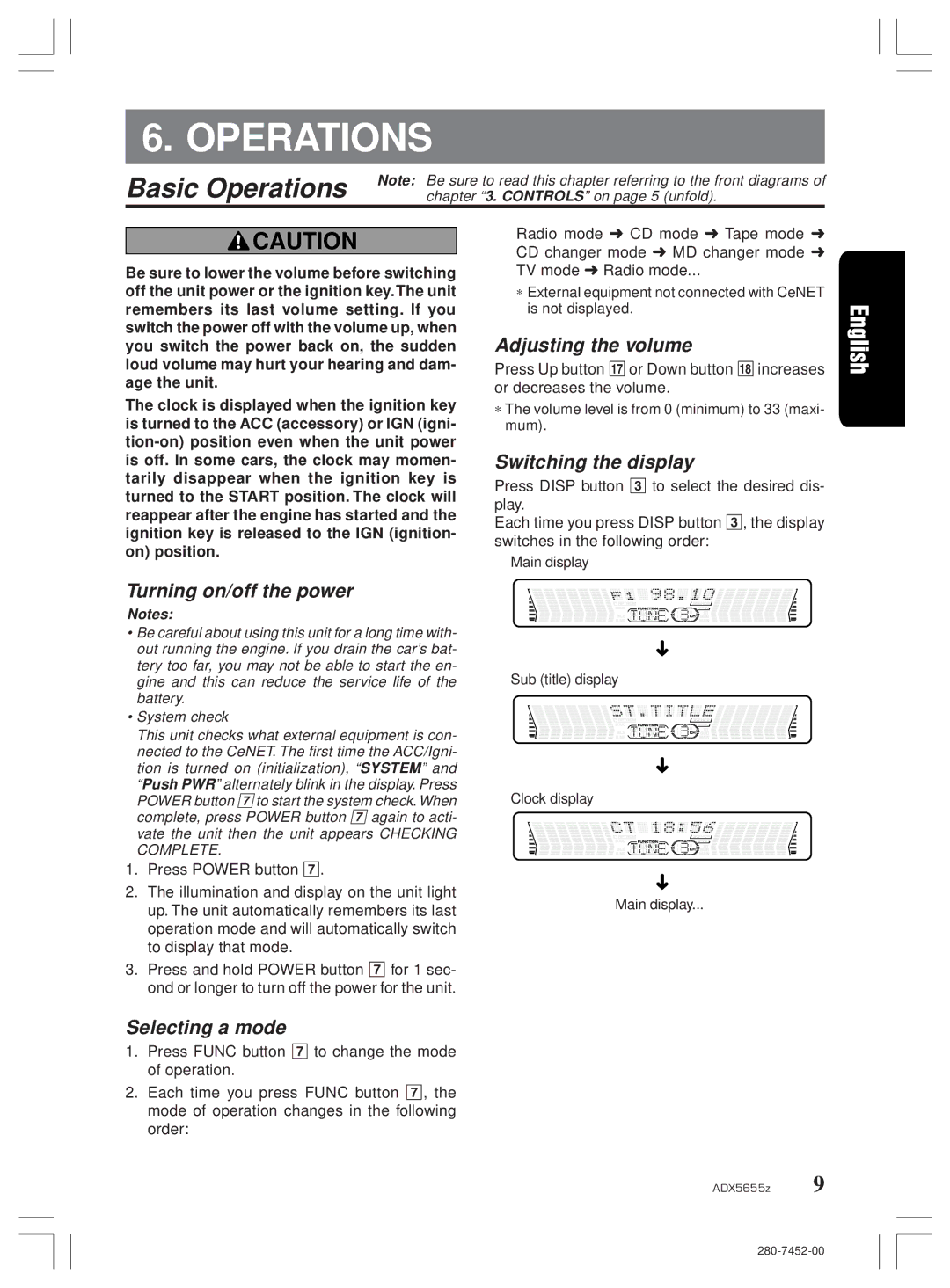 Clarion ADX5655z, PE-2322B owner manual Basic Operations 