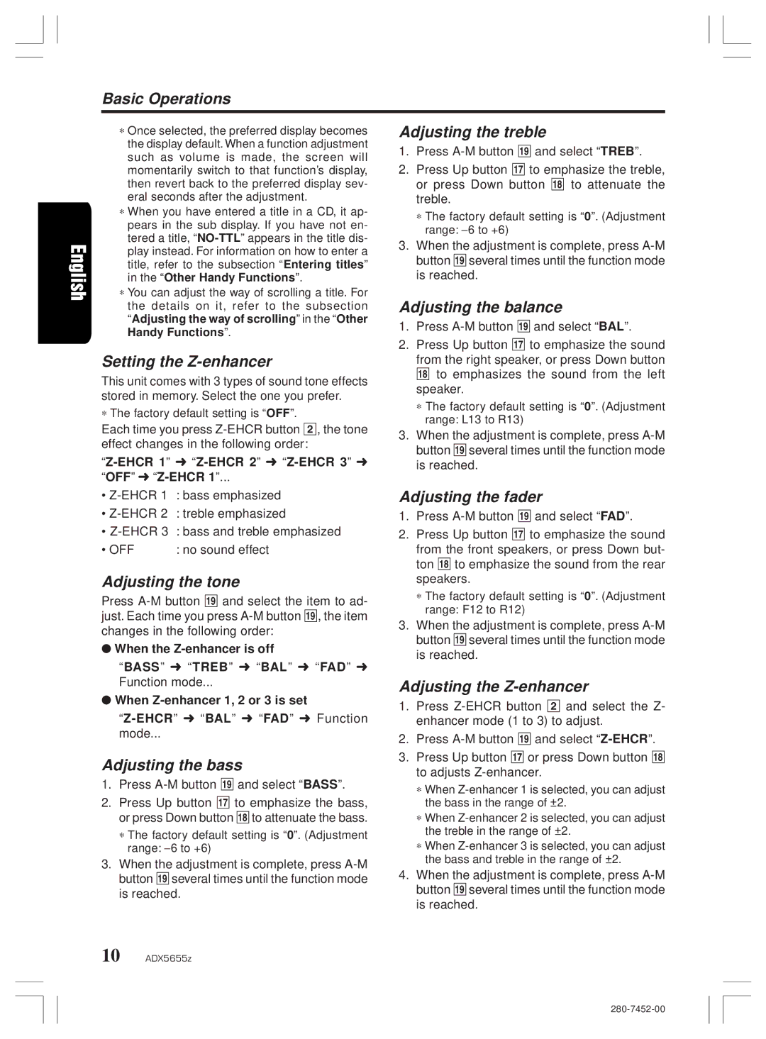 Clarion PE-2322B Basic Operations, Setting the Z-enhancer, Adjusting the tone, Adjusting the bass, Adjusting the treble 