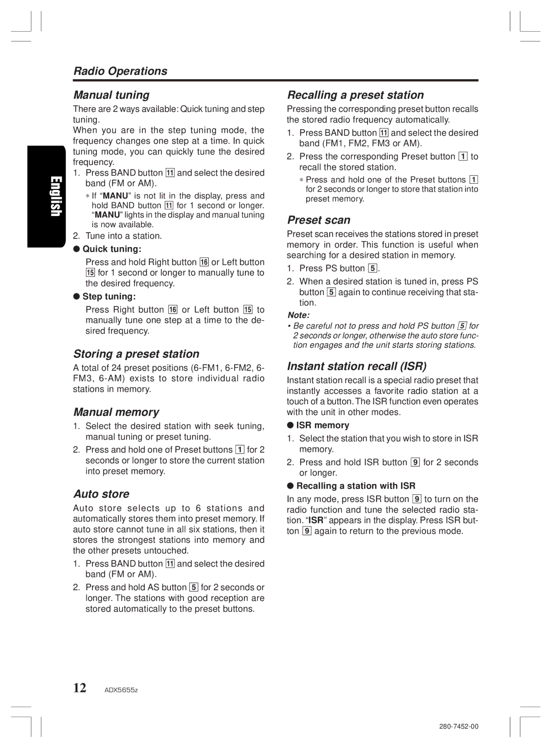 Clarion PE-2322B Radio Operations Manual tuning Recalling a preset station, Preset scan, Storing a preset station 