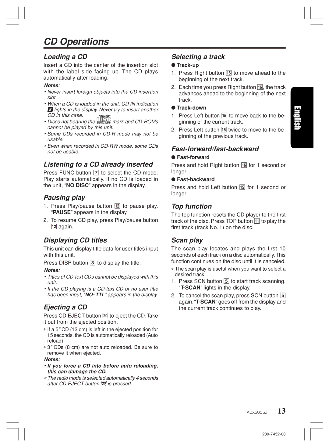 Clarion ADX5655z, PE-2322B owner manual CD Operations 