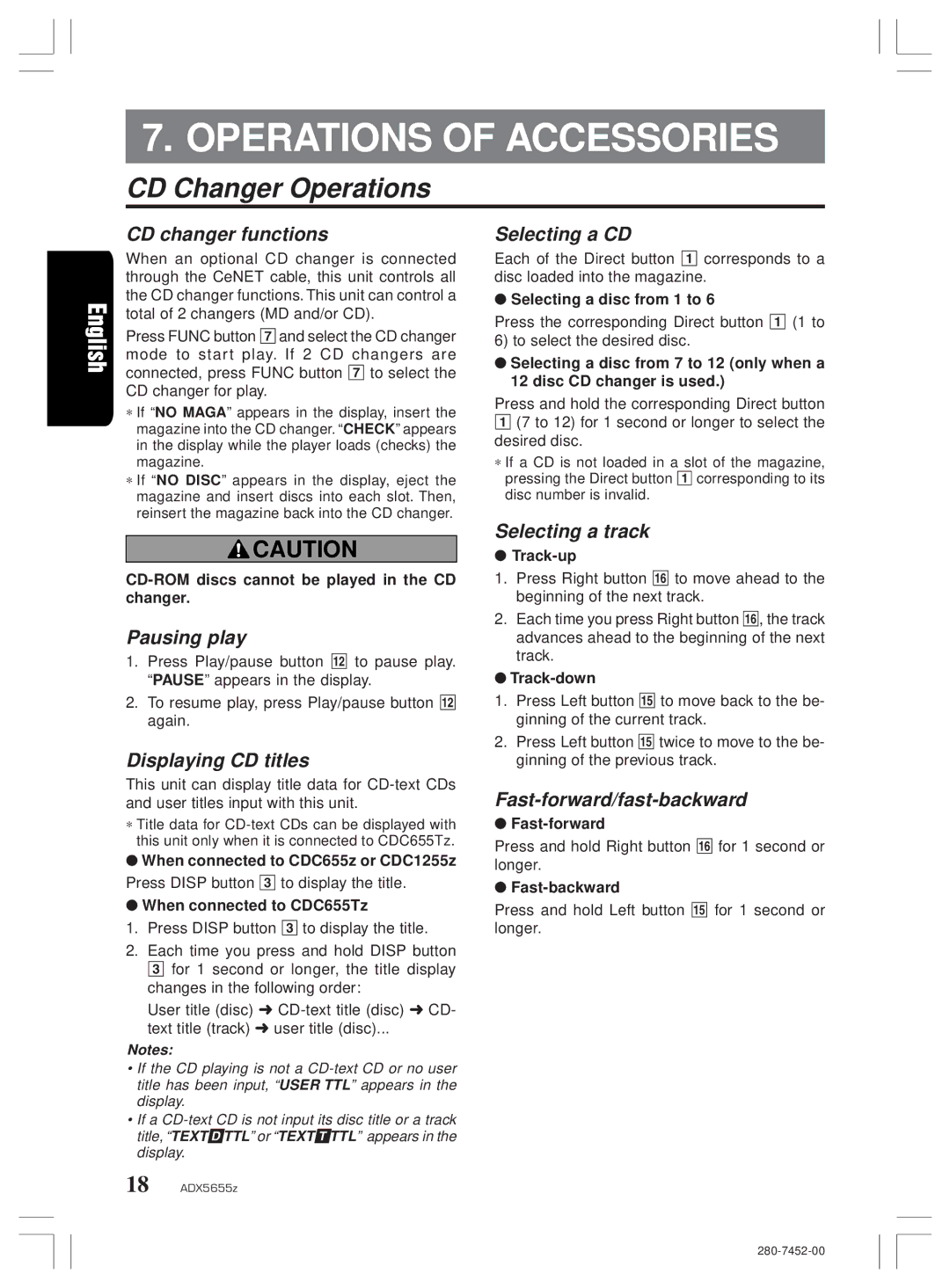 Clarion PE-2322B, ADX5655z Operations of Accessories, CD Changer Operations, CD changer functions, Selecting a CD 