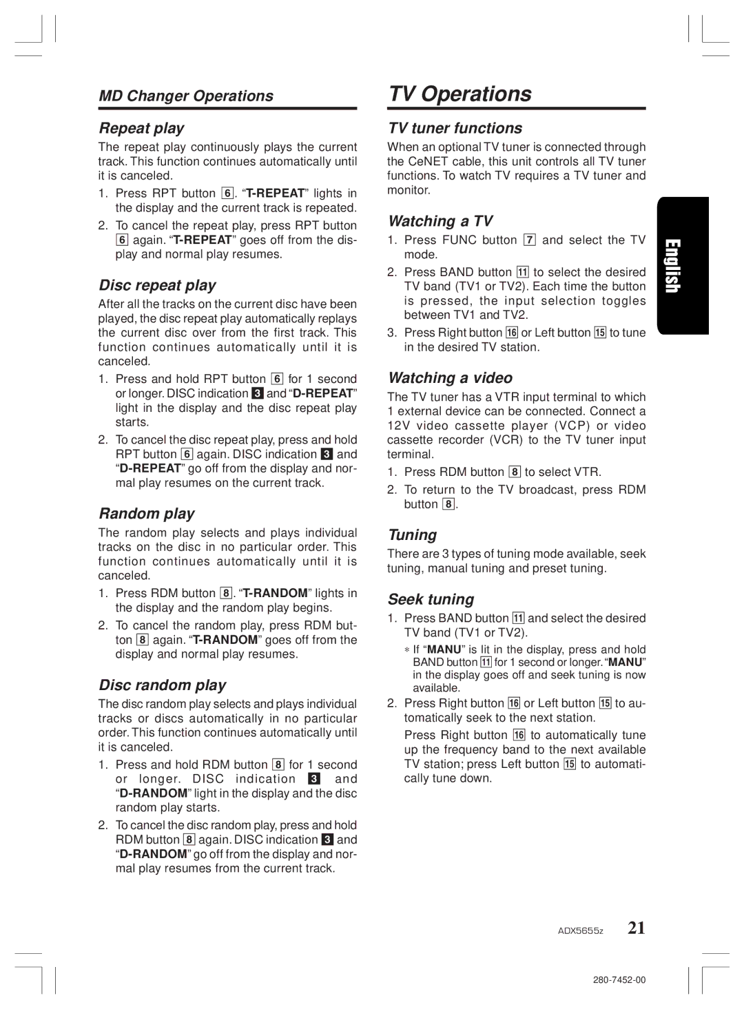 Clarion ADX5655z TV Operations, MD Changer Operations Repeat play, TV tuner functions, Watching a TV, Watching a video 