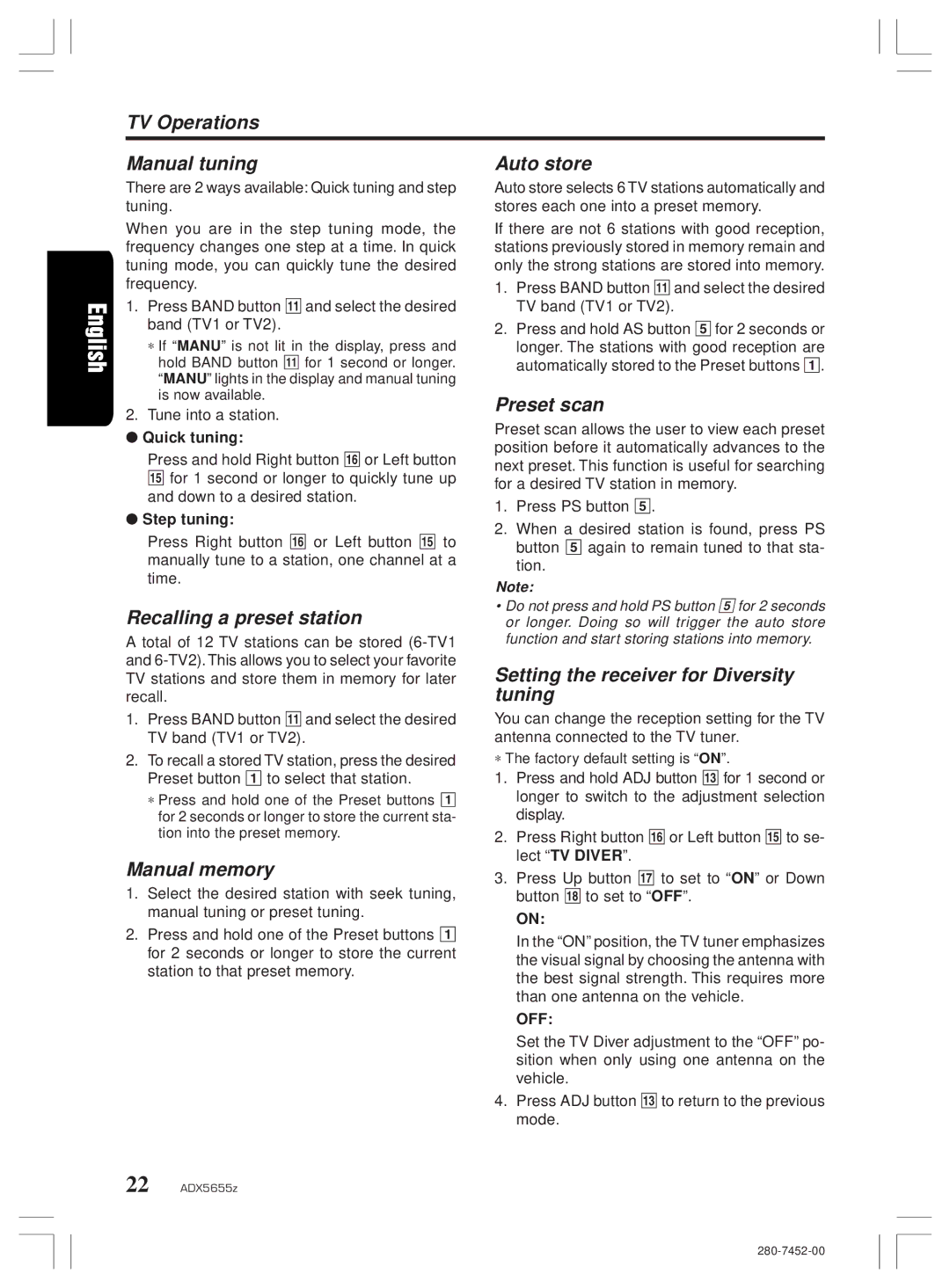 Clarion PE-2322B, ADX5655z owner manual TV Operations Manual tuning Auto store, Setting the receiver for Diversity tuning 