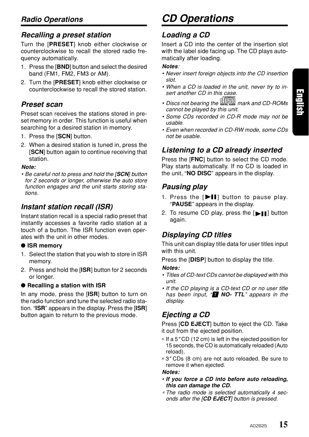 Clarion ADZ625 owner manual CD Operations 