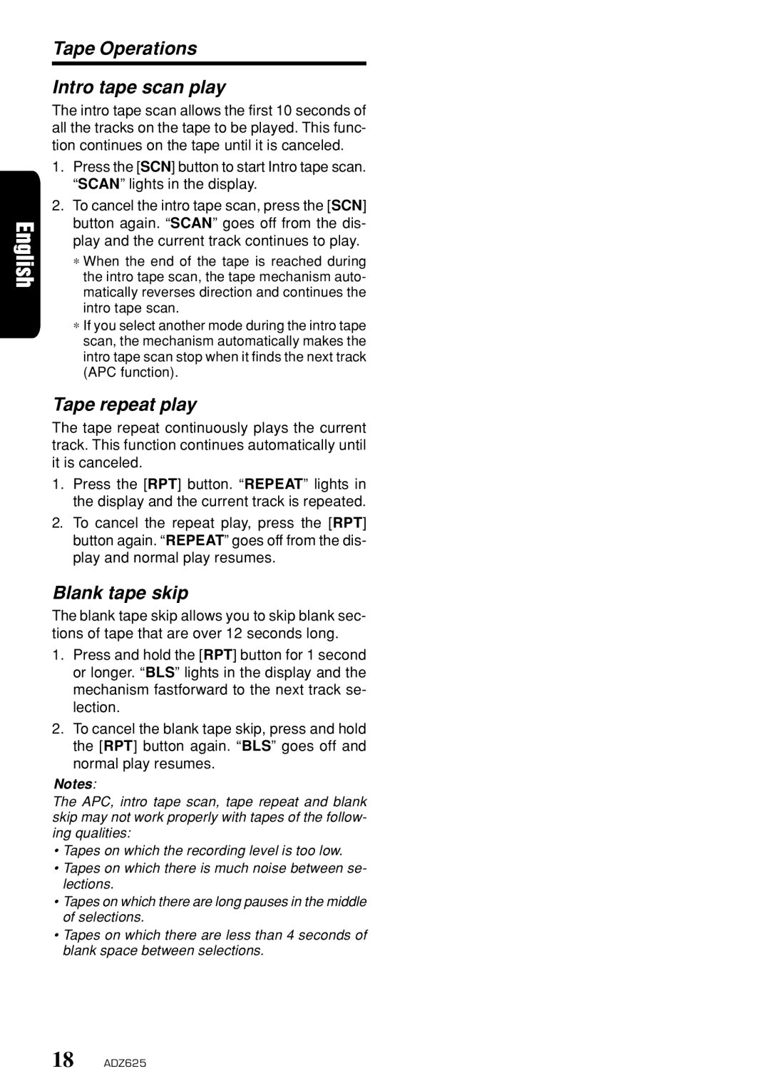 Clarion ADZ625 owner manual Tape Operations Intro tape scan play, Tape repeat play, Blank tape skip 