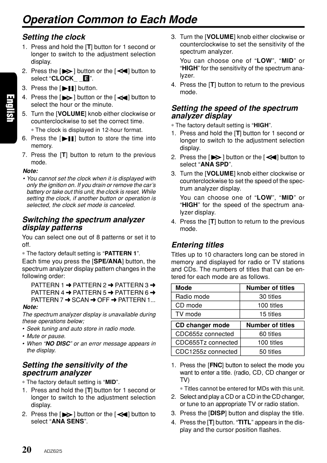 Clarion ADZ625 owner manual Operation Common to Each Mode 