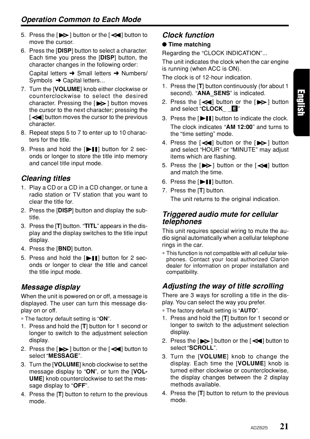 Clarion ADZ625 owner manual Operation Common to Each Mode, Clearing titles, Clock function, Message display 