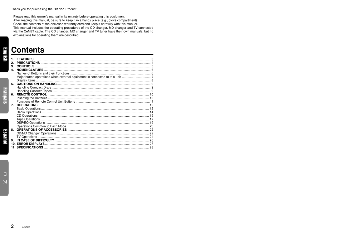 Clarion ADZ625 owner manual Contents 