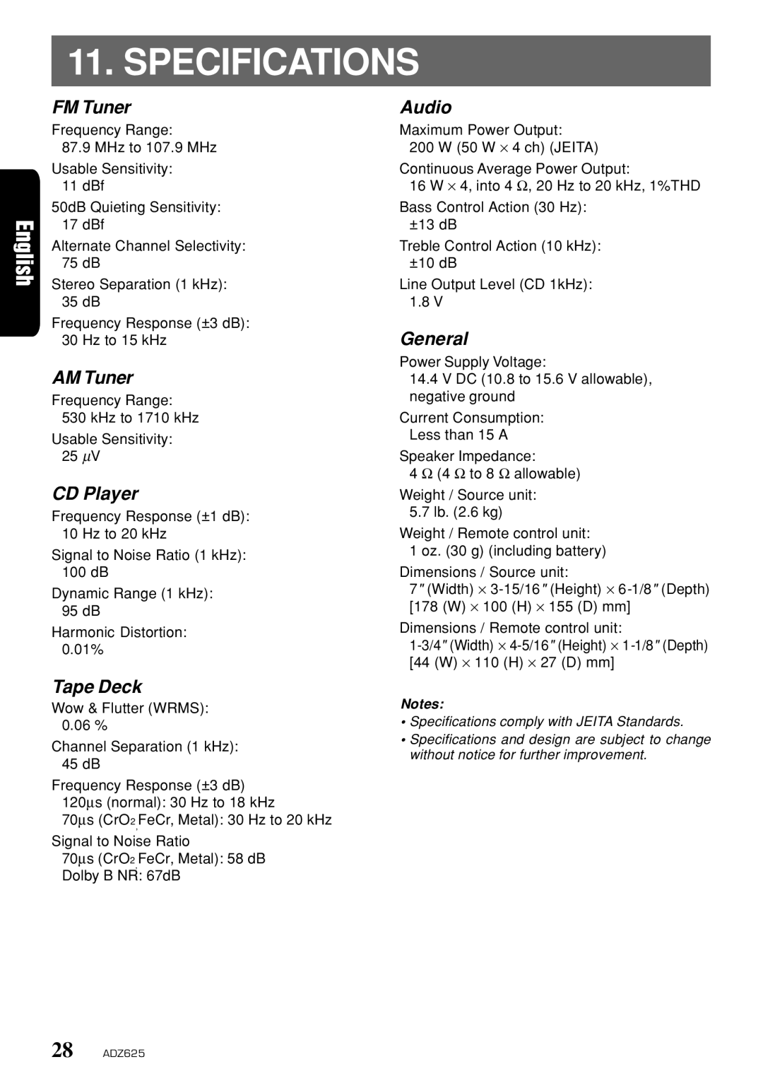 Clarion ADZ625 owner manual Specifications 