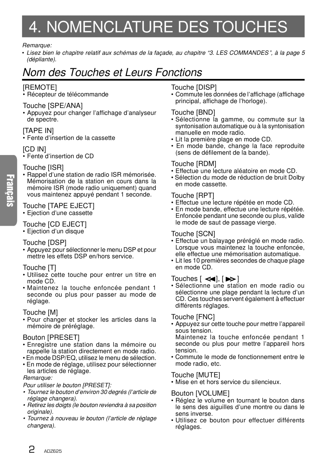 Clarion ADZ625 owner manual Nomenclature DES Touches, Nom des Touches et Leurs Fonctions 