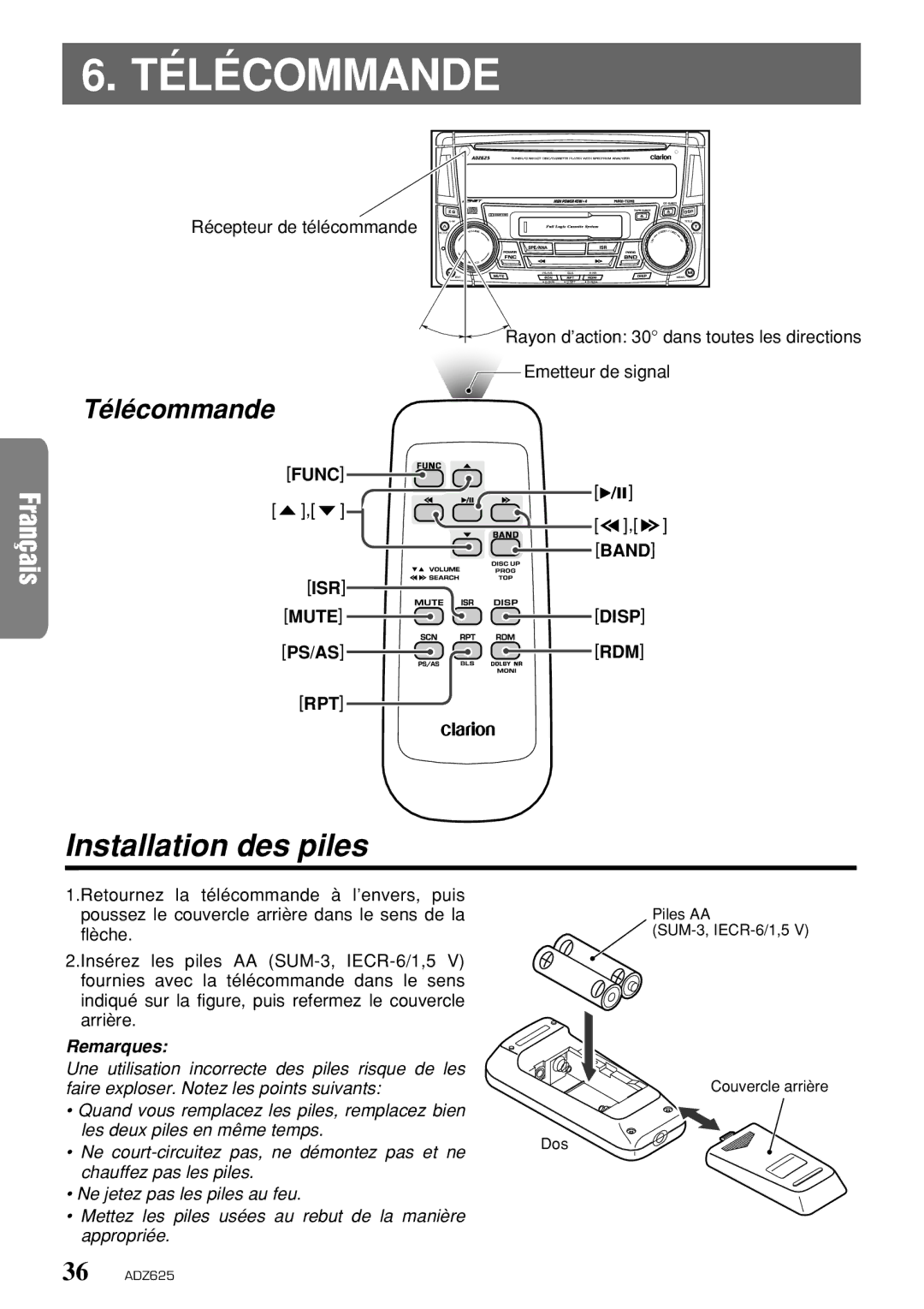 Clarion ADZ625 owner manual Télécommande, Installation des piles, Func Band 