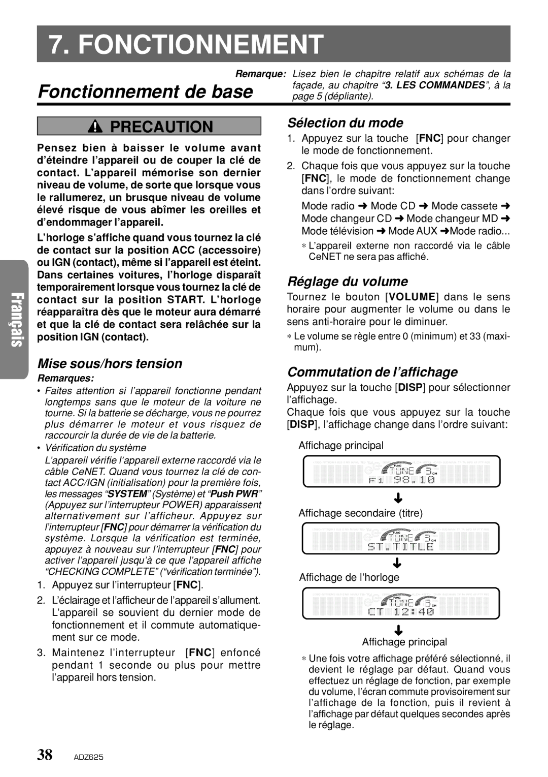 Clarion ADZ625 owner manual Fonctionnement de base 