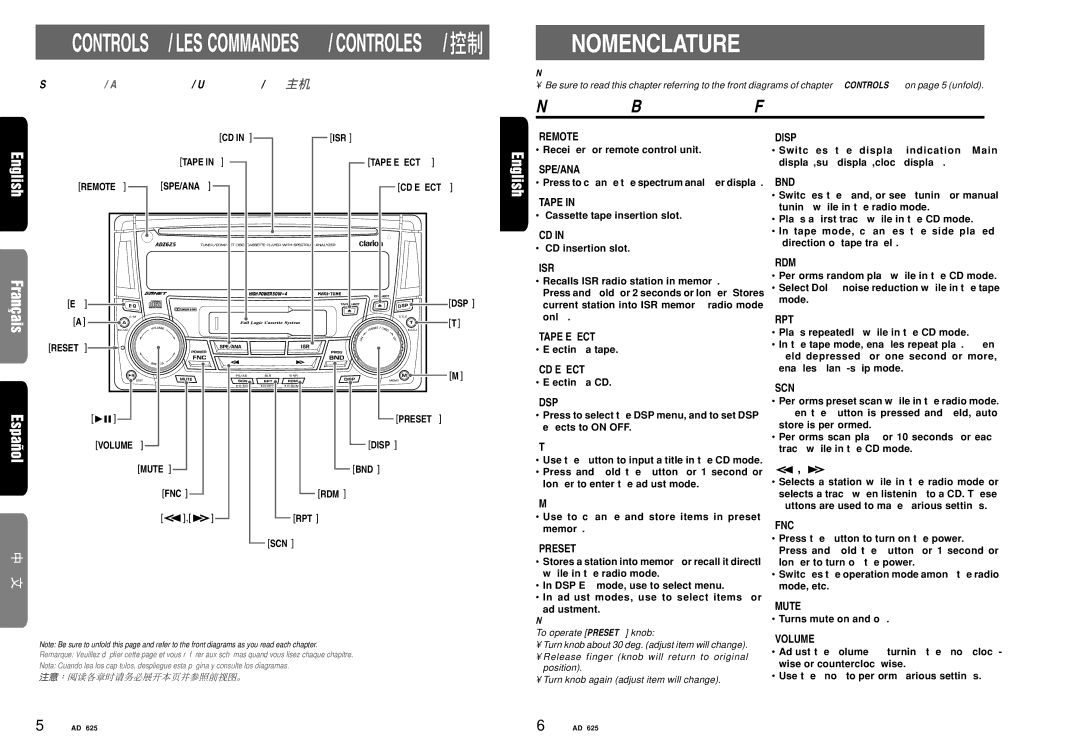 Clarion ADZ625 owner manual Nomenclature, Names of the Buttons and their Functions, Dsp, Disp, Mute BND FNC RDM RPT SCN 