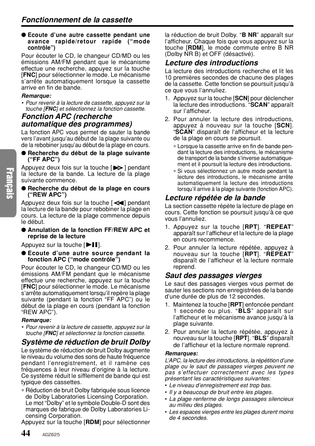 Clarion ADZ625 Fonctionnement de la cassette, Fonction APC recherche automatique des programmes, Saut des passages vierges 