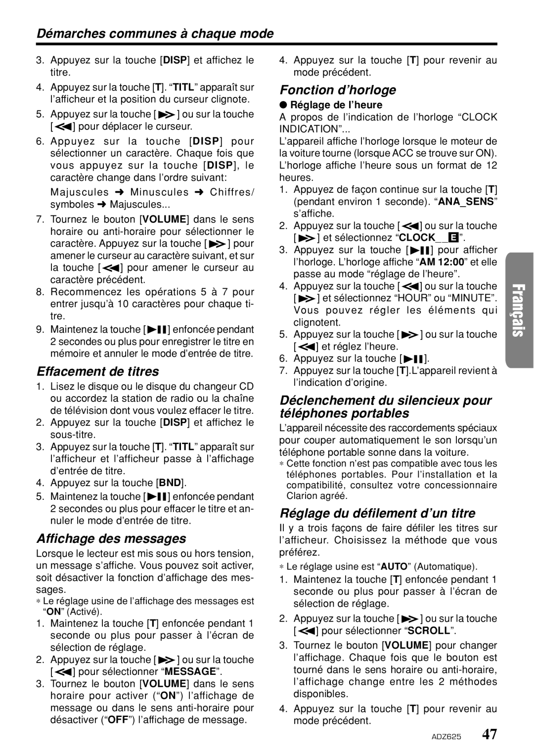 Clarion ADZ625 Démarches communes à chaque mode, Effacement de titres, Affichage des messages, Fonction d’horloge 