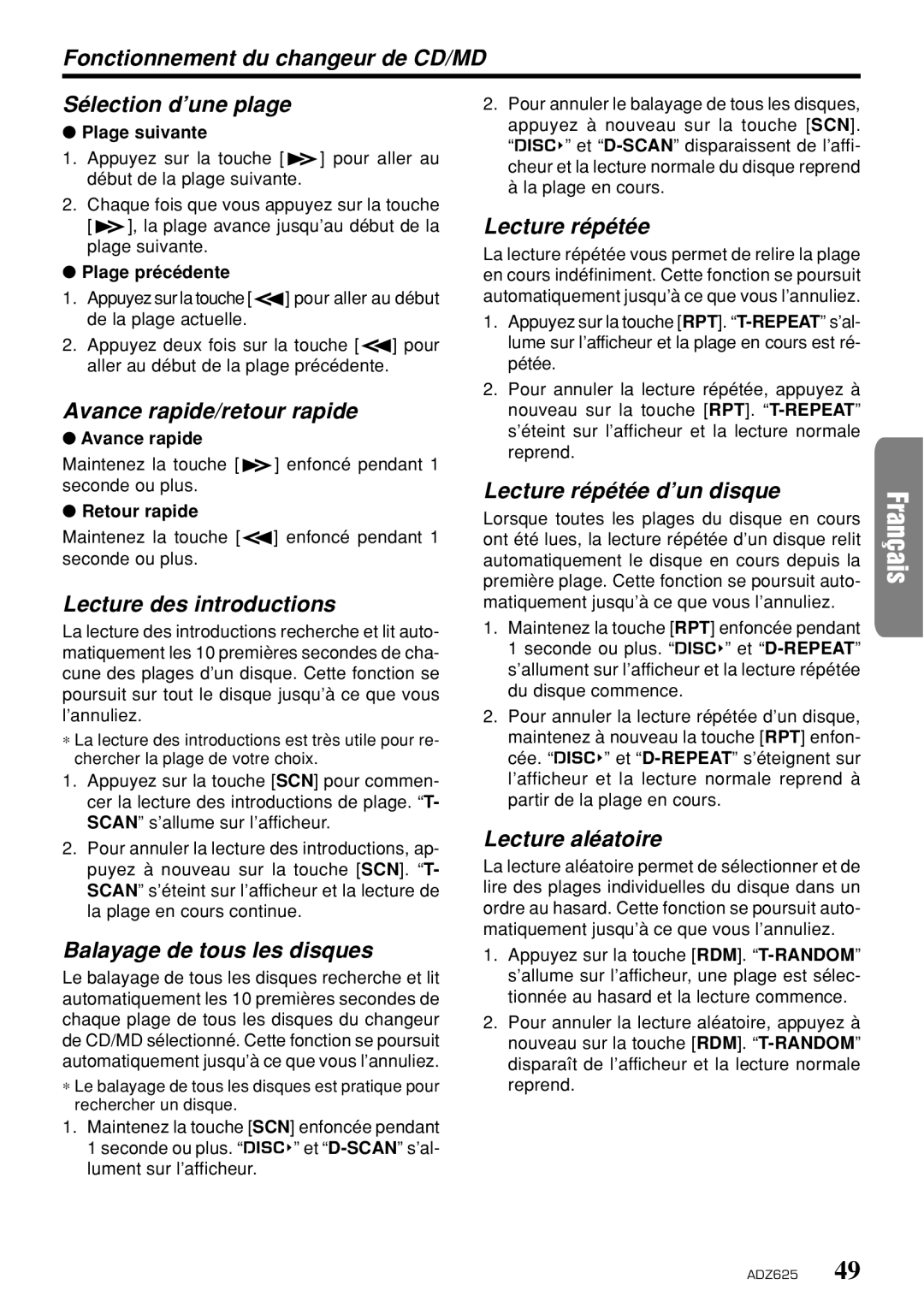 Clarion ADZ625 owner manual Fonctionnement du changeur de CD/MD Sélection d’une plage, Balayage de tous les disques 