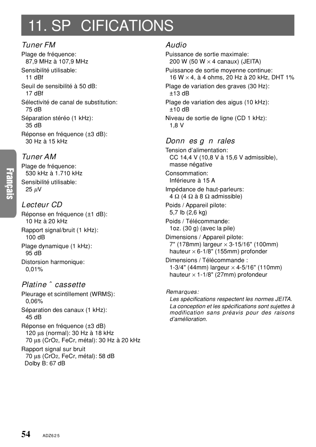 Clarion ADZ625 owner manual 11. Spécifications 