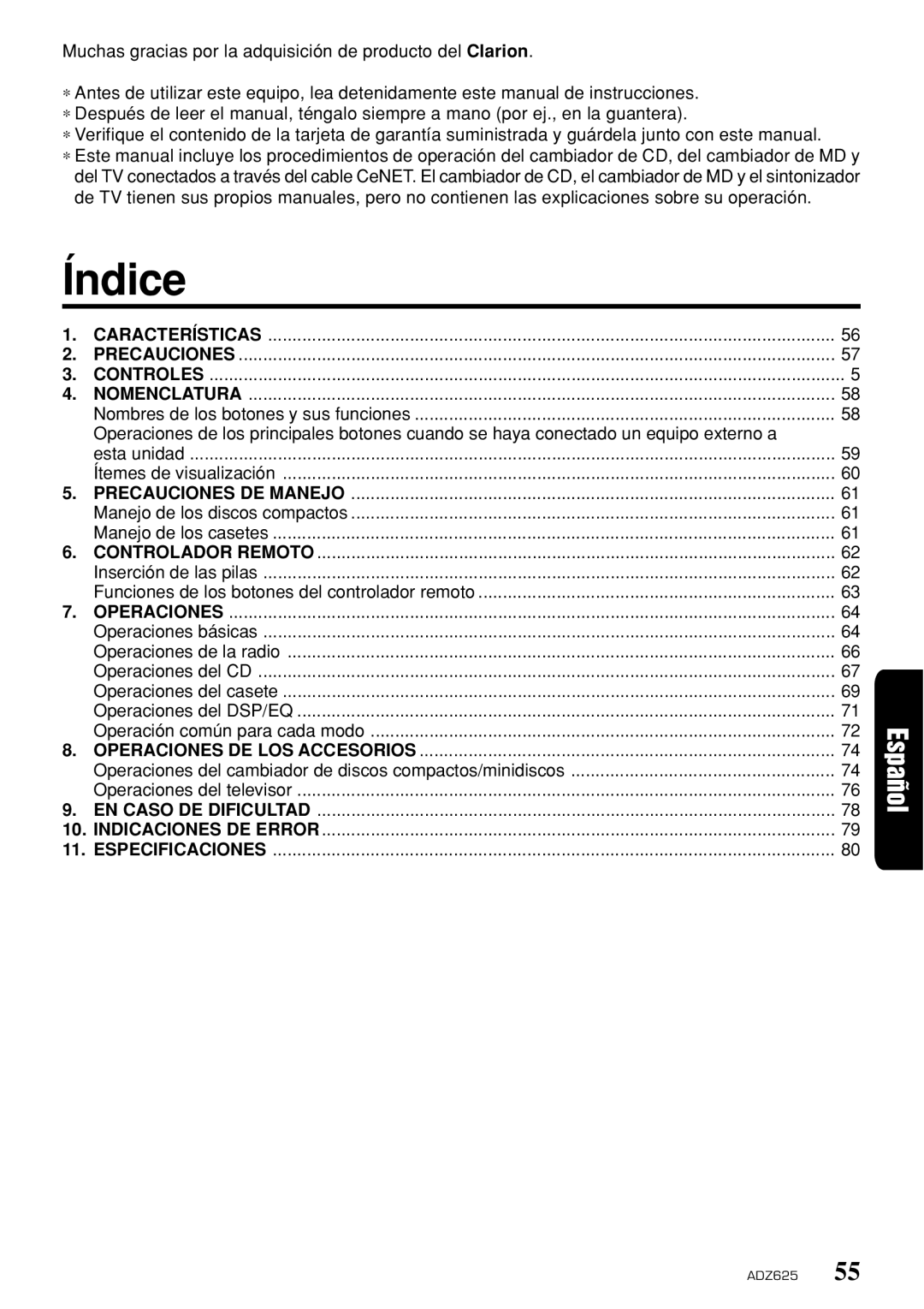 Clarion ADZ625 owner manual Ítemes de visualización, Operaciones del CD, Operaciones del DSP/EQ 