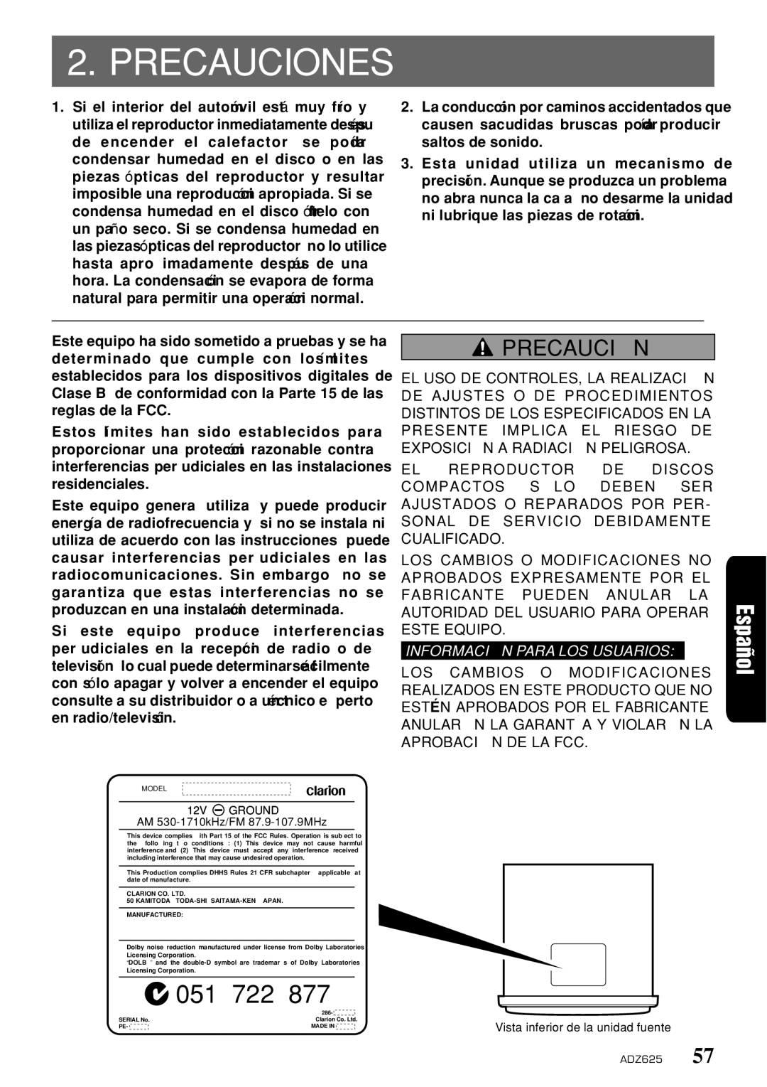 Clarion ADZ625 owner manual Precauciones, Precaución 