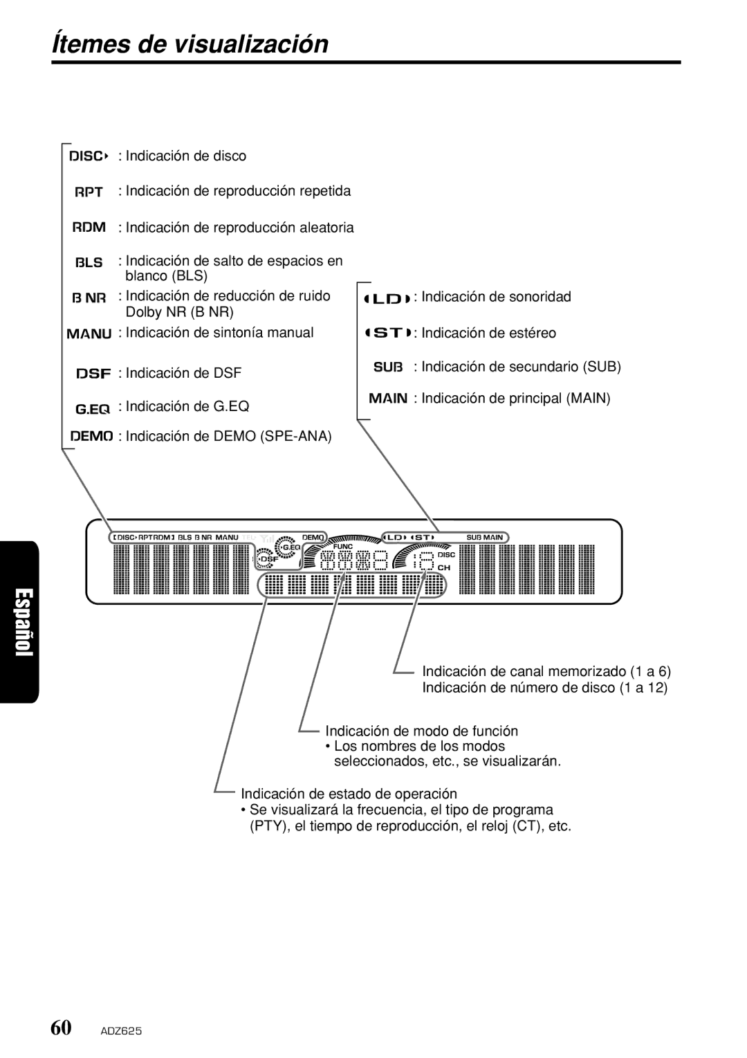 Clarion ADZ625 owner manual Ítemes de visualización 