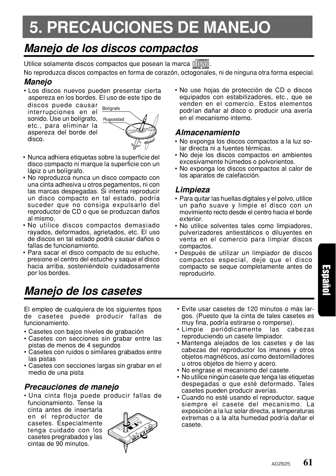 Clarion ADZ625 owner manual Precauciones DE Manejo, Manejo de los discos compactos, Manejo de los casetes 