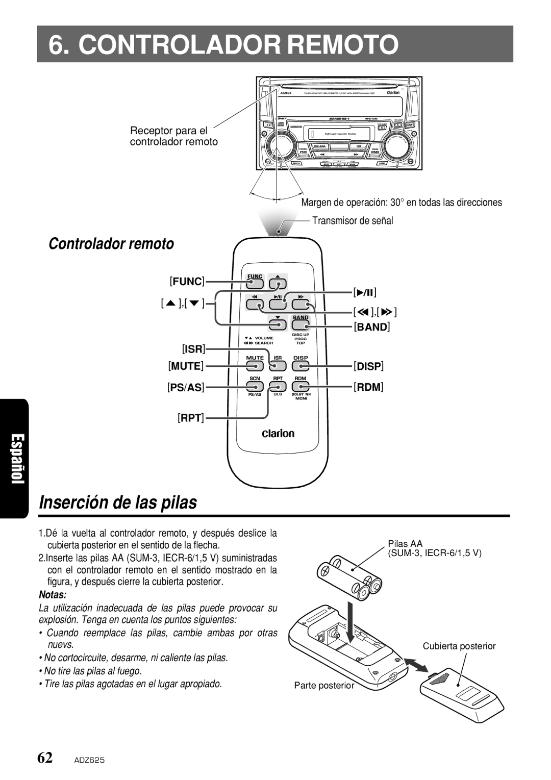 Clarion ADZ625 owner manual Controlador Remoto, Inserción de las pilas 