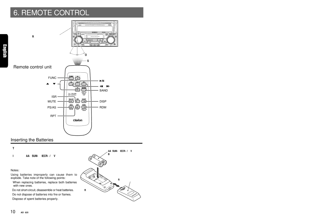 Clarion ADZ625 owner manual Remote Control, Band, Mute Disp PS/AS RDM 