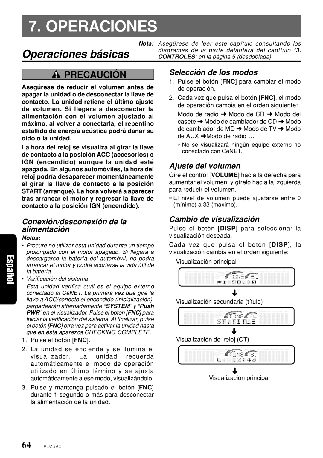 Clarion ADZ625 owner manual Operaciones básicas 