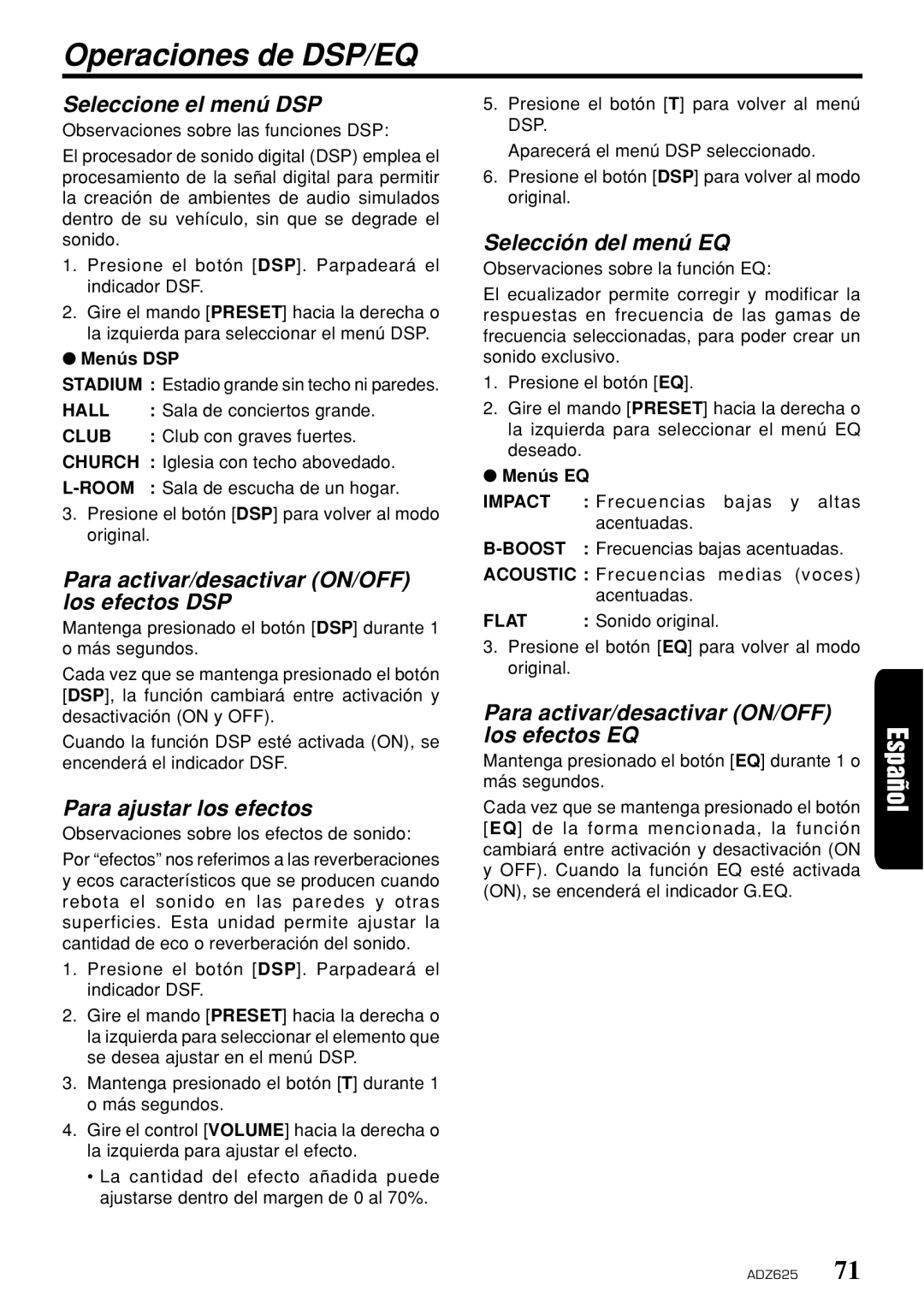 Clarion ADZ625 owner manual Operaciones de DSP/EQ 