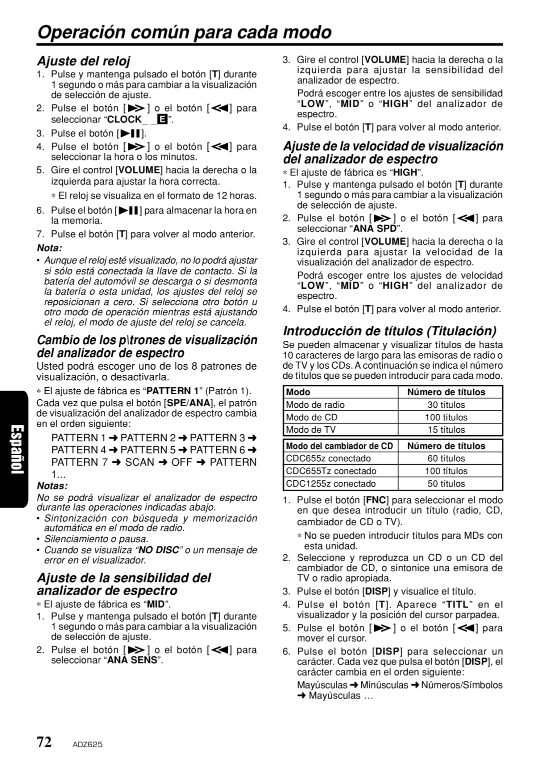 Clarion ADZ625 Operación común para cada modo, Ajuste del reloj, Ajuste de la sensibilidad del analizador de espectro 