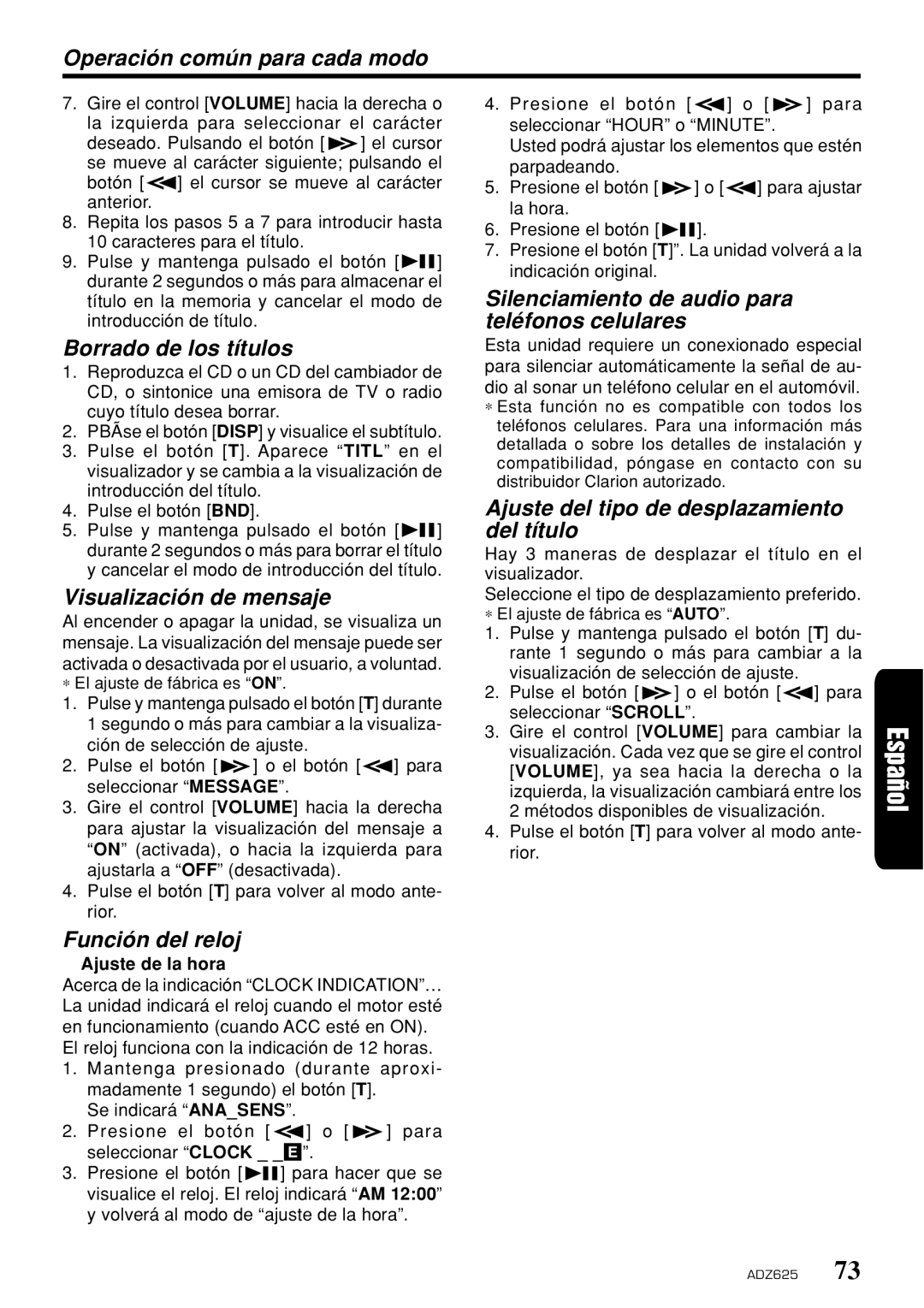 Clarion ADZ625 Operación común para cada modo, Borrado de los títulos, Visualización de mensaje, Función del reloj 