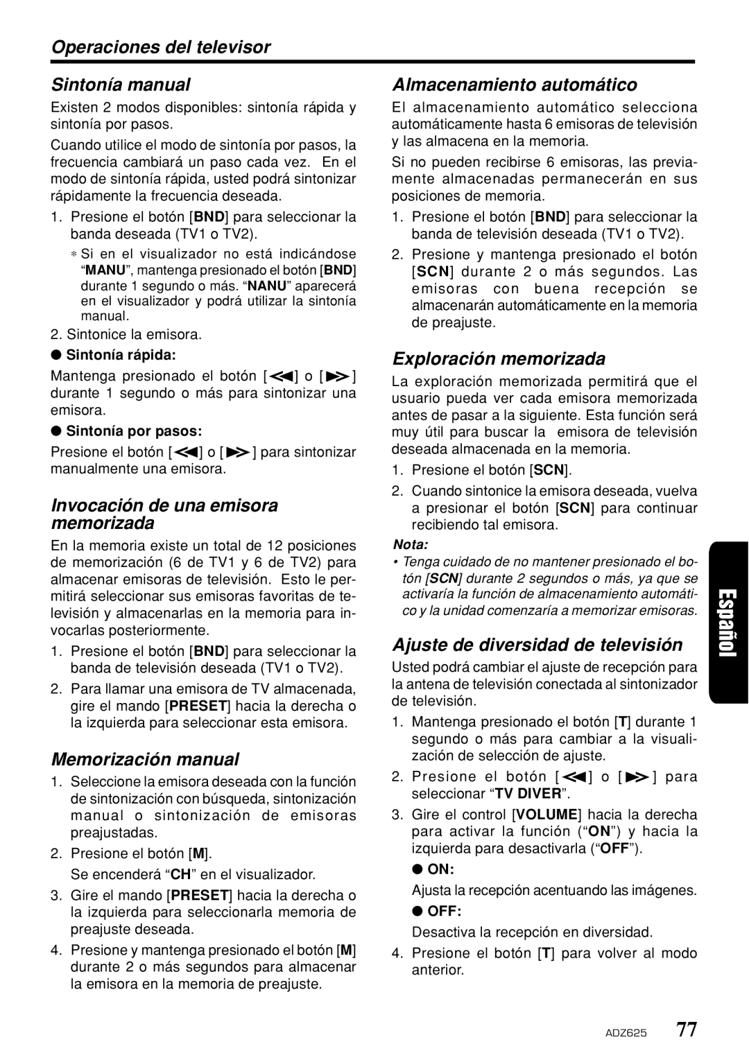 Clarion ADZ625 Invocación de una emisora memorizada, Exploración memorizada, Ajuste de diversidad de televisión 