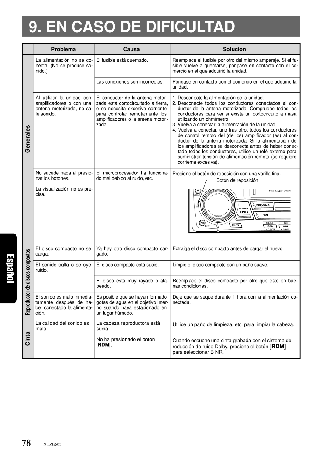 Clarion ADZ625 owner manual EN Caso DE Dificultad, Problema Causa Solución 