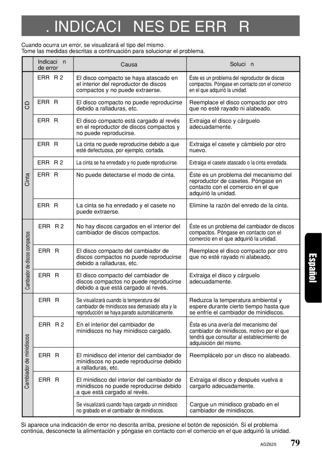 Clarion ADZ625 owner manual Indicaciones DE Error, Cambiador de minidiscos 