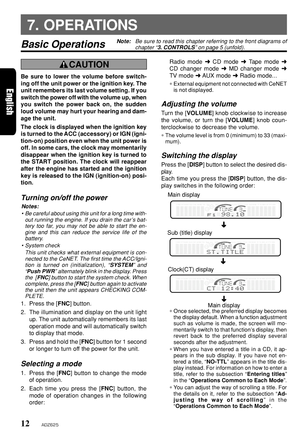 Clarion ADZ625 owner manual Basic Operations 