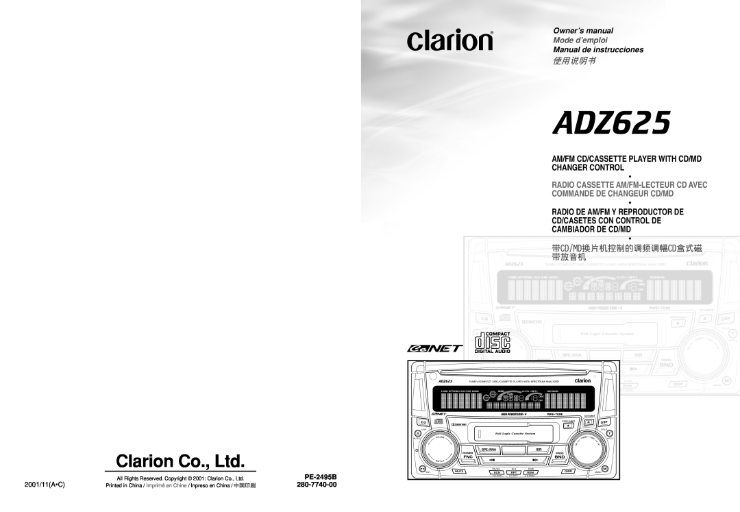 Clarion ADZ625 owner manual Clarion Co., Ltd, Am/Fm Cd/Cassette Player With Cd/Md, Changer Control •, Mode d’emploi 