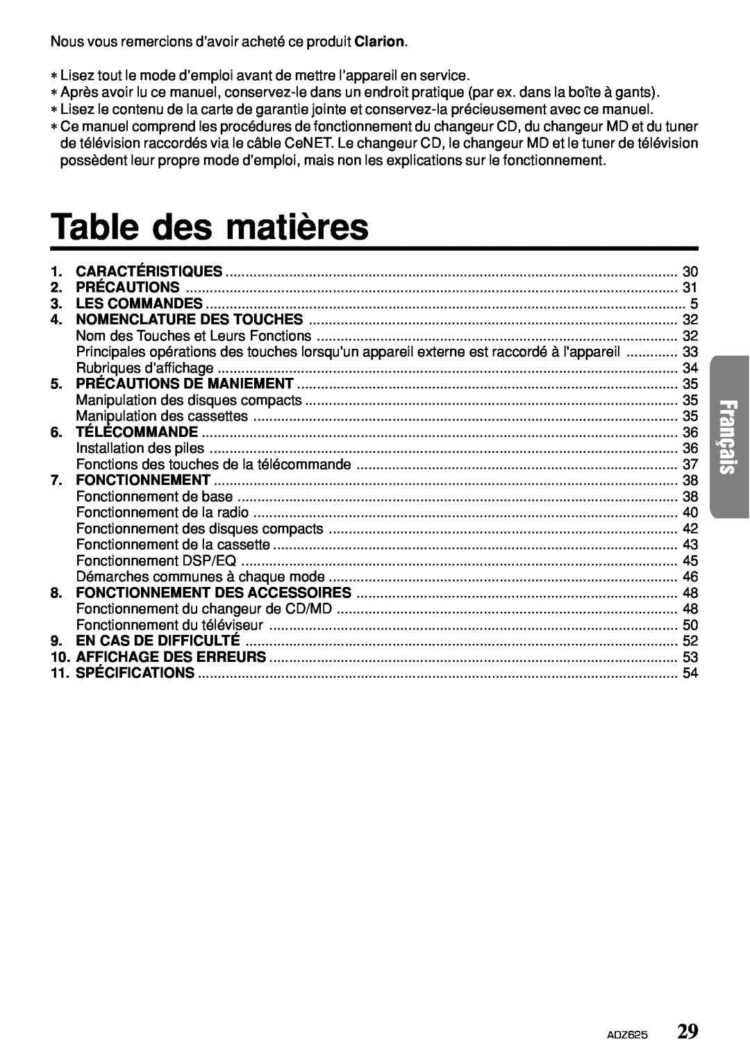 Clarion ADZ625 owner manual Table des matières 