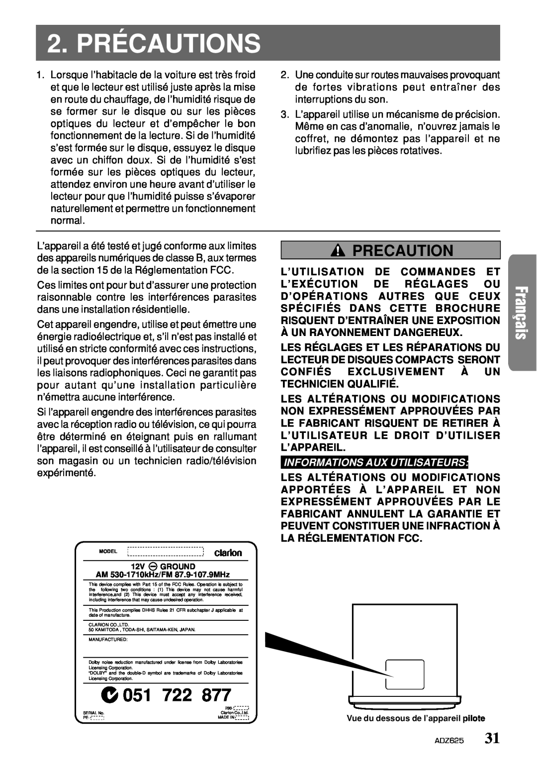 Clarion ADZ625 owner manual 2. PRÉCAUTIONS, Precaution, 051 722, Informations Aux Utilisateurs 