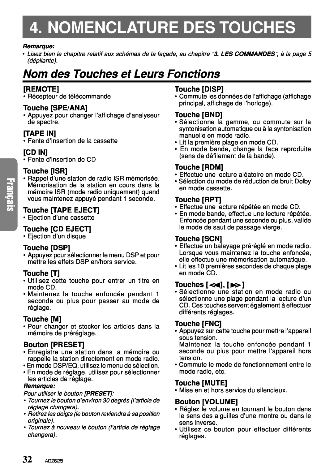Clarion ADZ625 owner manual Nomenclature Des Touches, Nom des Touches et Leurs Fonctions 