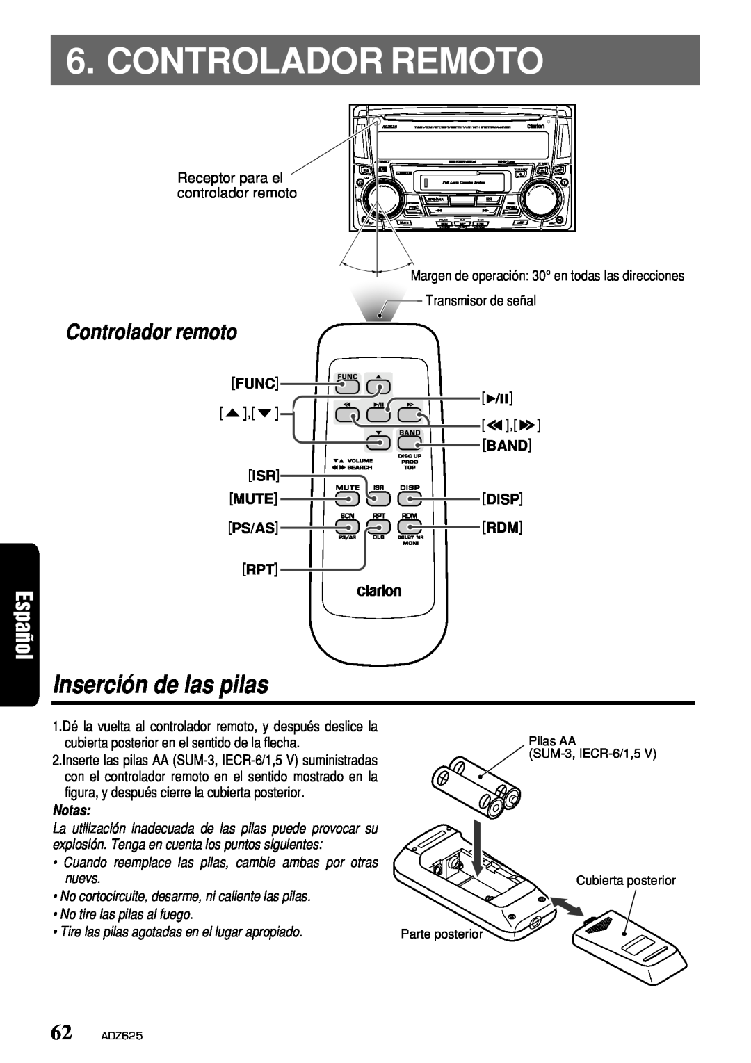 Clarion owner manual Controlador Remoto, Inserción de las pilas, Controlador remoto, Notas, 62 ADZ625 