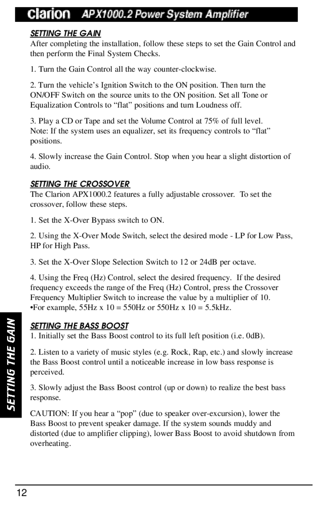 Clarion APX1000.2 manual Setting the Gain, Setting the Crossover, Setting the Bass Boost 
