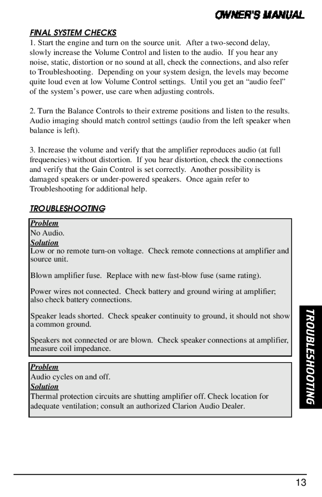 Clarion APX1000.2 manual Final System Checks, Troubleshooting 