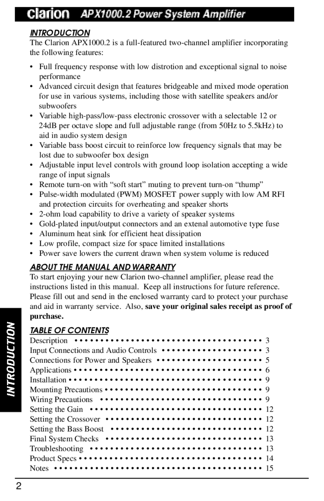 Clarion APX1000.2 manual Introduction, About the Manual and Warranty, Table of Contents 