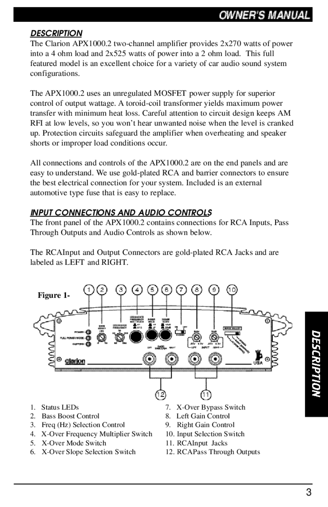 Clarion APX1000.2 manual Description, Input Connections and Audio Controls 