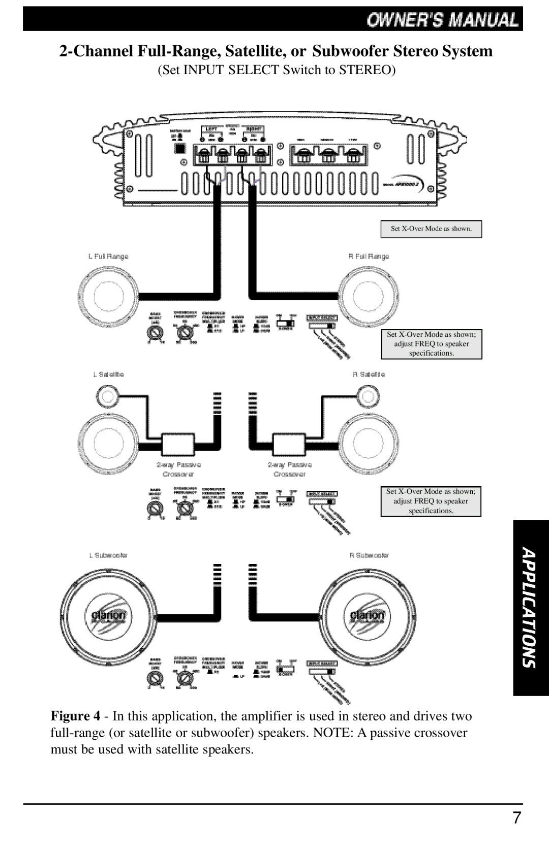 Clarion APX1000.2 manual Channel Full-Range, Satellite, or Subwoofer Stereo System 