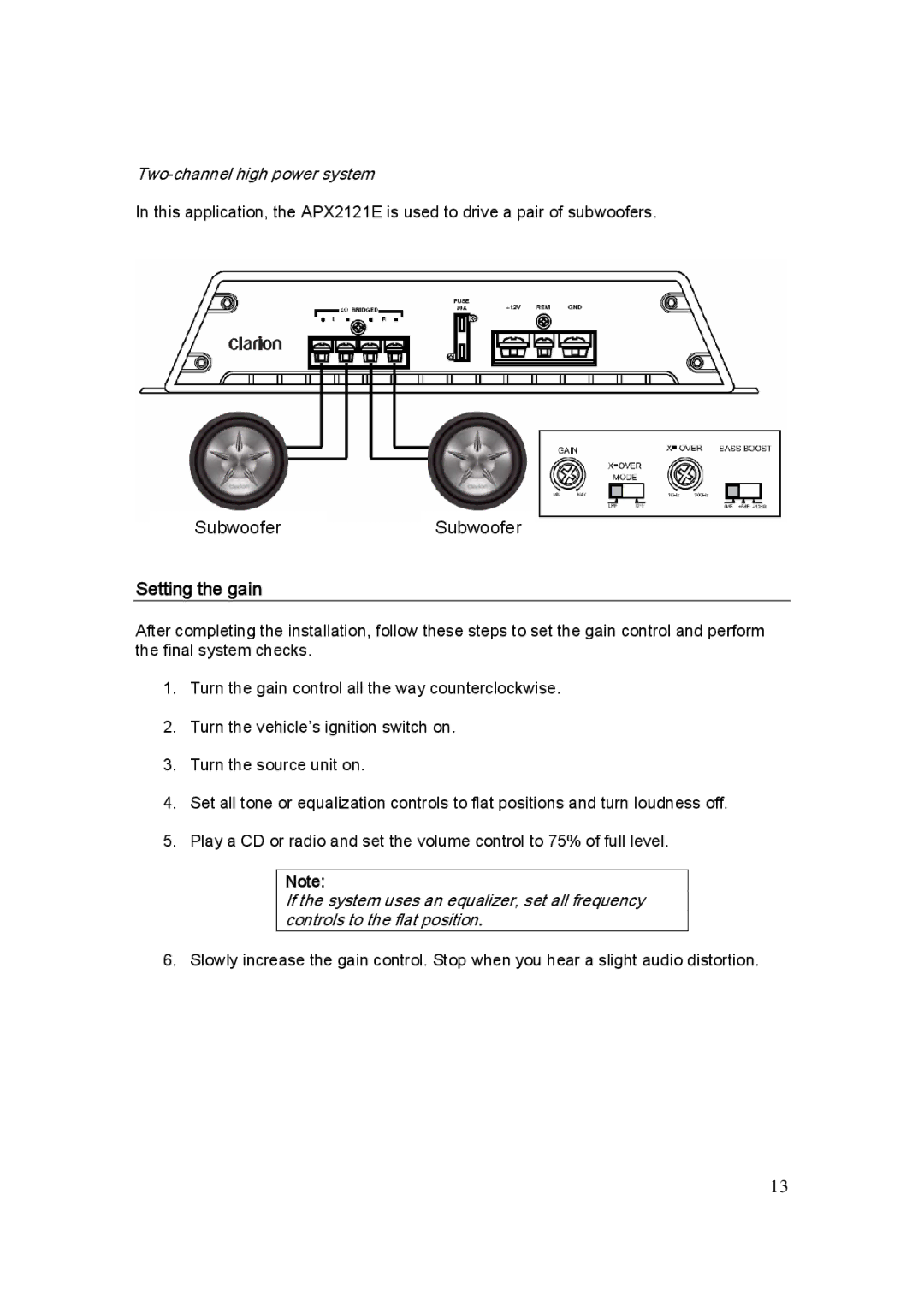 Clarion APX4241E, APX1301E, APX2121E manual Setting the gain, Two-channel high power system 