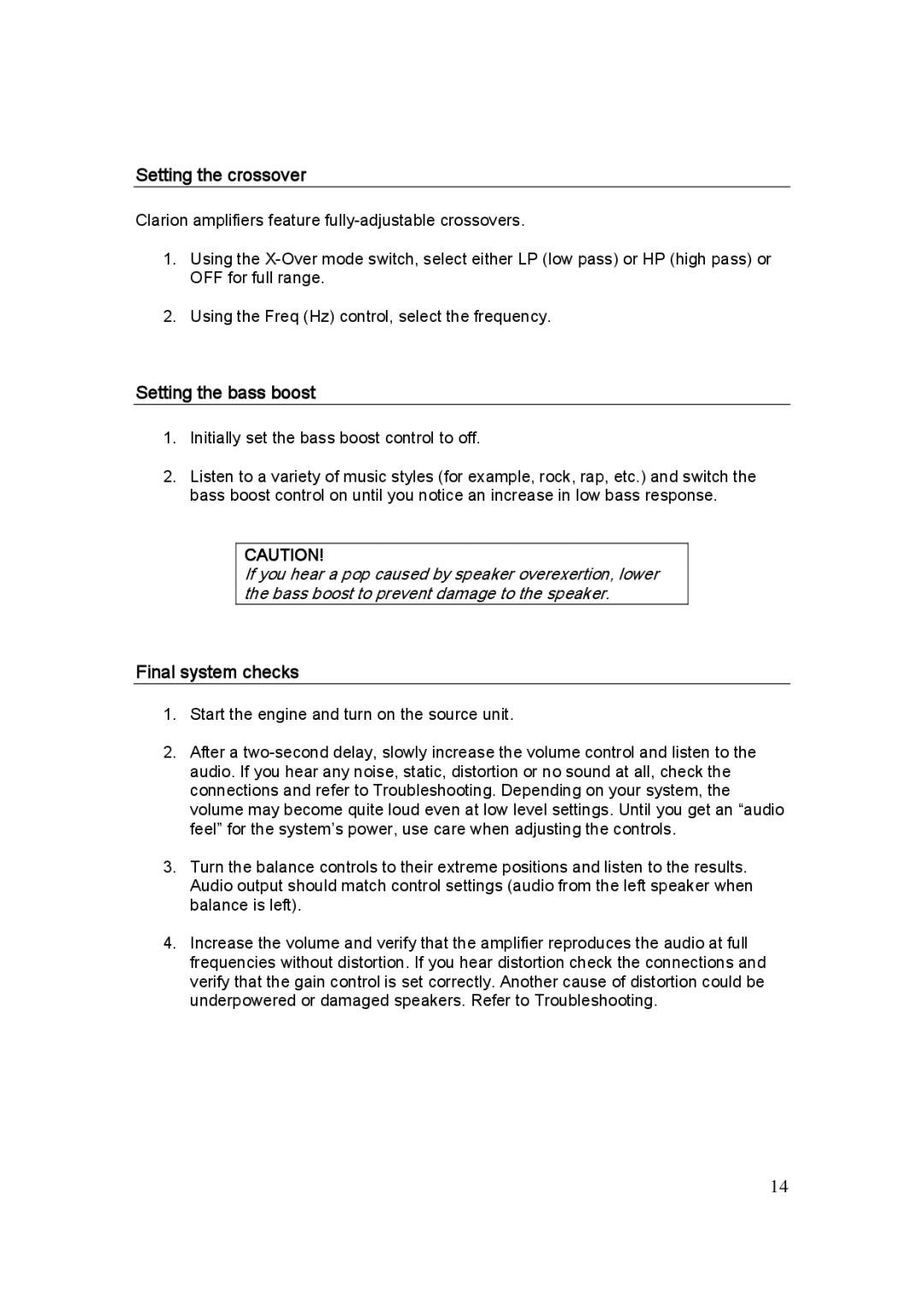Clarion APX2121E, APX1301E, APX4241E manual Setting the crossover, Setting the bass boost, Final system checks 