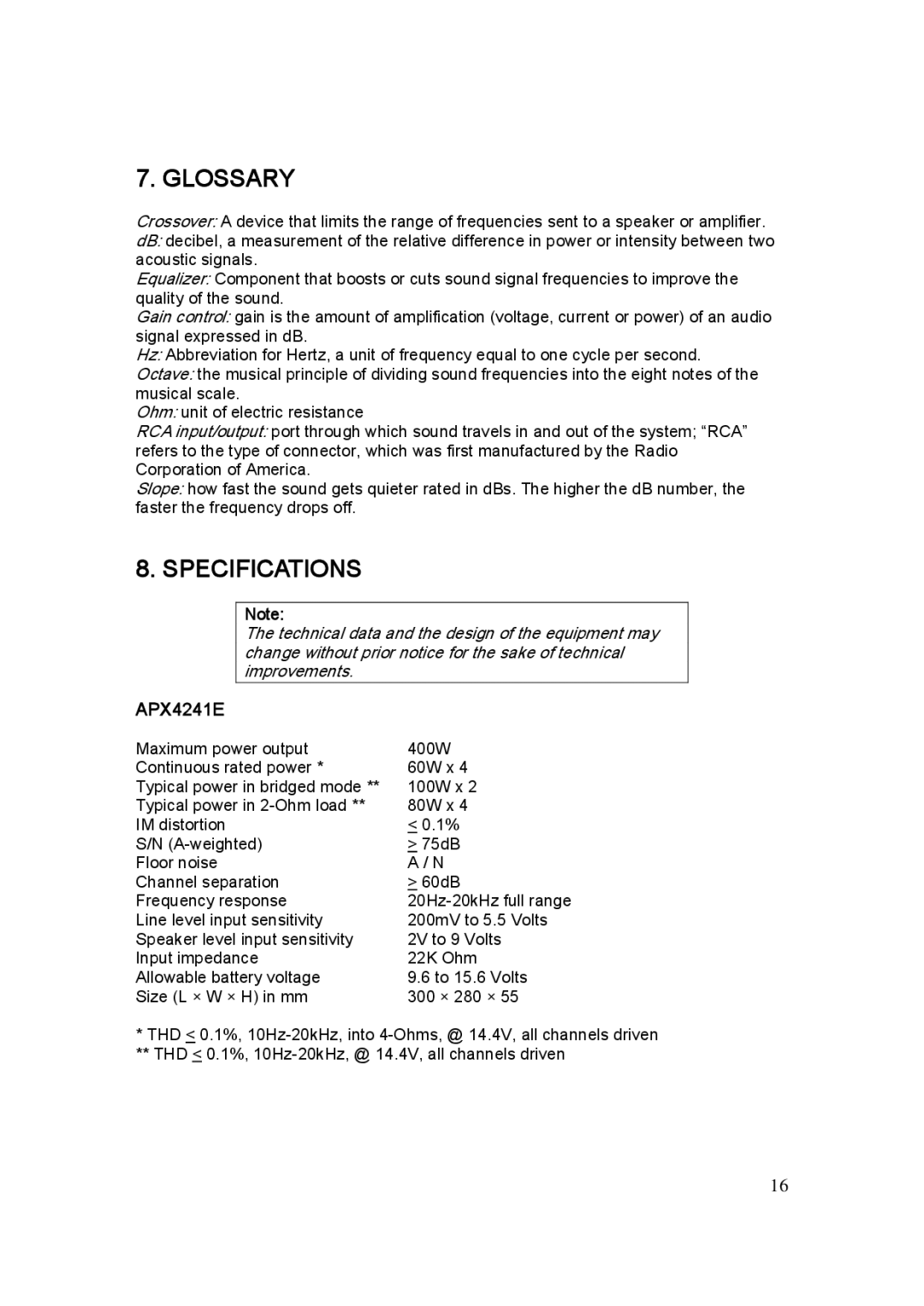 Clarion APX4241E, APX1301E, APX2121E manual Glossary, Specifications 